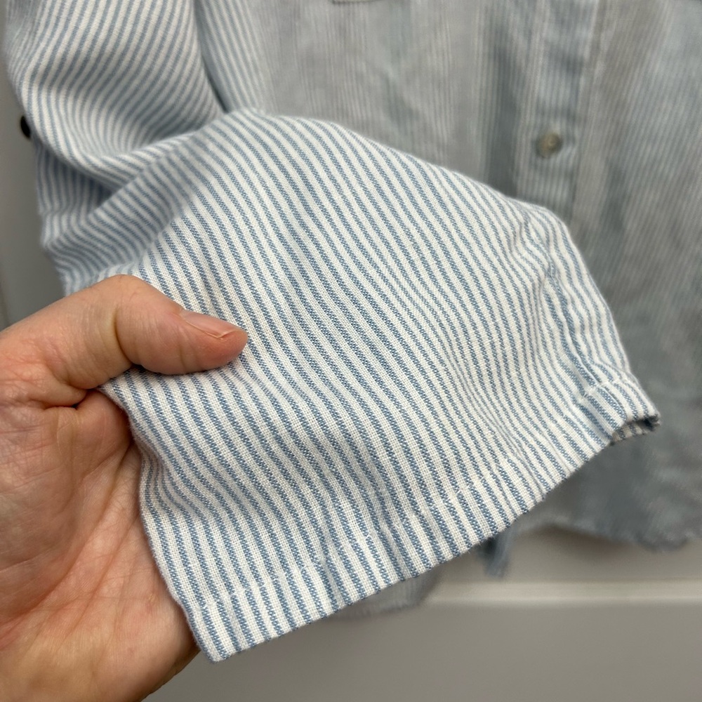 Chico's Shirt Button Up Light Blue Striped Pearl Linen Blend Lagenlook Size 3 - Picture 2 of 7